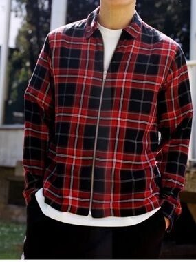 The Kooples Red & Black Plaid Zip-Up Shirt Medium